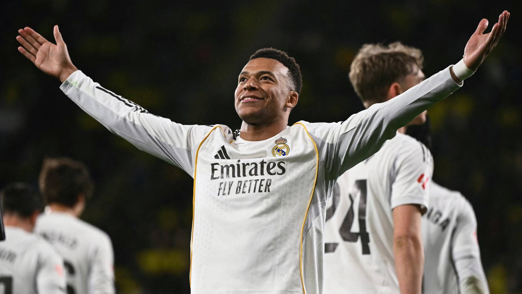 Real Madrid's French forward #10 Kylian Mbappe after scoring his team's second goal from the penalty spot during the Spanish league football match between Villarreal CF and Real Madrid CF at La Ceramica Stadium in Vila-Real on January 24, 2026.