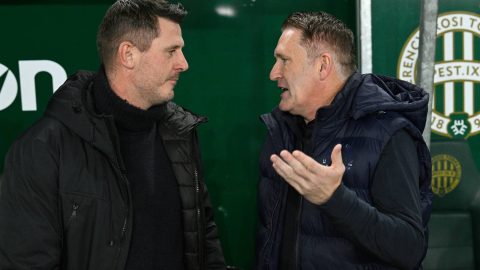 Budapest, 2026. január 25. Borbély Balázs, a Győr (b) és Robbie Keane, a Ferencváros vezetőedzője a labdarúgó Fizz Liga 19. fordulójában játszott Ferencvárosi TC - ETO FC Győr mérkőzésen a Groupama Arénában 2026. január 25-én. MTI/Purger Tamás