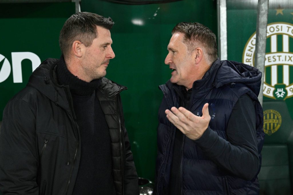 Budapest, 2026. január 25. Borbély Balázs, a Győr (b) és Robbie Keane, a Ferencváros vezetőedzője a labdarúgó Fizz Liga 19. fordulójában játszott Ferencvárosi TC - ETO FC Győr mérkőzésen a Groupama Arénában 2026. január 25-én. MTI/Purger Tamás