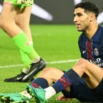 Paris Saint-Germain's Moroccan defender #02 Achraf Hakimi reacts during the French L1 football match between Paris Saint-Germain (PSG) and FC Metz at the Parc des Princes stadium in Paris on February 21, 2026.