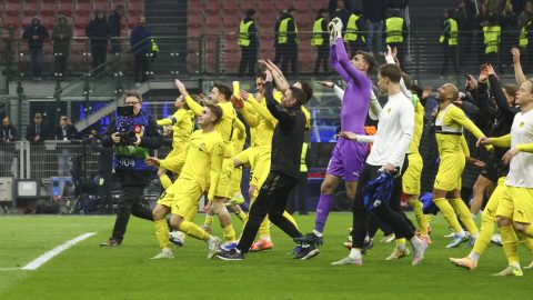 A Bodö/Glimt játékosai ünnepelnek az Inter kiejtése után.