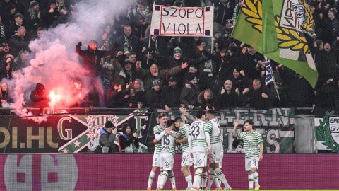 A Ferencváros játékosai Franco Kovacevic góljának örüknek a Fizz Liga 21. fordulójában játszott Ferencvárosi TC - Újpest FC mérkőzésen a Groupama Arénában 2026. február 7-én. Ferencváros nyert 3-0-ra.