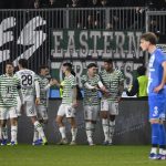 A Ferencváros játékosainak gólöröme a labdarúgó Fizz Liga 23. fordulójában játszott MTK Budapest - Ferencvárosi TC mérkőzésen az Új Hidegkuti Nándor Stadionban 2026. február 23-án.