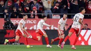 Girona's Spanish midfielder #08 Fran Beltran (C) celebrates scoring his team's second goal during the Spanish league football match between Girona FC and FC Barcelona at Montilivi Stadium in Girona on February 16, 2026.