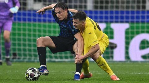 Francesco Pio Esposito of F.C. Inter and Jostein Gundersen of FK Bodo Glimt are in action during the UEFA Champions League 2025/26 League Knockout Play-off Second Leg match between F.C. Inter and FK Bodo/Glimt at the San Siro Stadium in Milan, Italy, on February 24, 2026. (Photo by Domenico Cippitelli/NurPhoto)