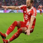 Bayern Munich's English forward #09 Harry Kane celebrates scoring the 3-0 goal during the German first division Bundesliga football match between FC Bayern Munich and Eintracht Frankfurt in Munich, southern Germany, on February 21, 2026.