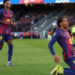 Lamine Yamal, a Barcelona játékosa ünnepel, miután gólt szerzett a Mallorca elleni bajnokin. A Barca 3-0-ra nyert.