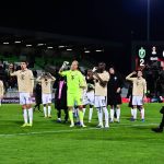 Razgrad, 2026. február 19. A Ferencváros játékosai a labdarúgó Európa-liga nyolcaddöntőjébe jutásért játszott PFK Ludogorec Razgrad - Ferencvárosi TC mérkőzés végén a razgradi Ludogorec Arénában 2026. február 19-én. A Ludogorec 2-1-re győzött. MTI/Czeglédi Zsolt