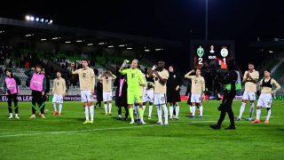 Razgrad, 2026. február 19. A Ferencváros játékosai a labdarúgó Európa-liga nyolcaddöntőjébe jutásért játszott PFK Ludogorec Razgrad - Ferencvárosi TC mérkőzés végén a razgradi Ludogorec Arénában 2026. február 19-én. A Ludogorec 2-1-re győzött. MTI/Czeglédi Zsolt