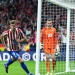 Atletico Madrid's Norwegian forward #09 Alexander Sorloth celebrates scoring his team's fourth goal, his hat trick, during the UEFA Champions League knockout round play-off second leg football match between Club Atletico de Madrid and Club Brugge KV at Metropolitano Stadium in Madrid on February 24, 2026.
