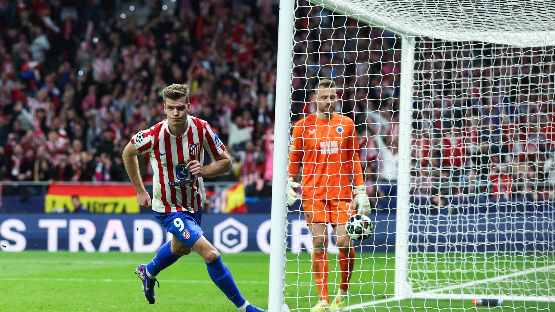Atletico Madrid's Norwegian forward #09 Alexander Sorloth celebrates scoring his team's fourth goal, his hat trick, during the UEFA Champions League knockout round play-off second leg football match between Club Atletico de Madrid and Club Brugge KV at Metropolitano Stadium in Madrid on February 24, 2026.