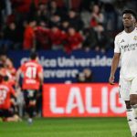 Real Madrid's French midfielder #14 Aurelien Tchouameni reacts to Osasuna's second goal scored by Spanish forward #09 Raul Garcia during the Spanish league football match between CA Osasuna and Real Madrid CF at El Sadar Stadium in Pamplona on February 21, 2026.