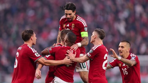 A magyar válogatott játékosai ünnepelnek az Írország elleni vb-selejtezőn.