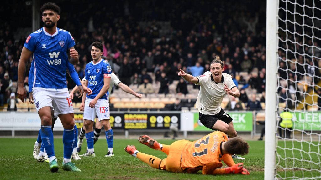 BURSLEM, ENGLAND - MARCH 08: Ben Waine of Port Vale celebrates scoring his team's first goal during the Emirates FA Cup Fifth Round match between Port Vale and Sunderland on March 08, 2026 in Burslem, England. (Photo by Gareth Copley/Getty Images)