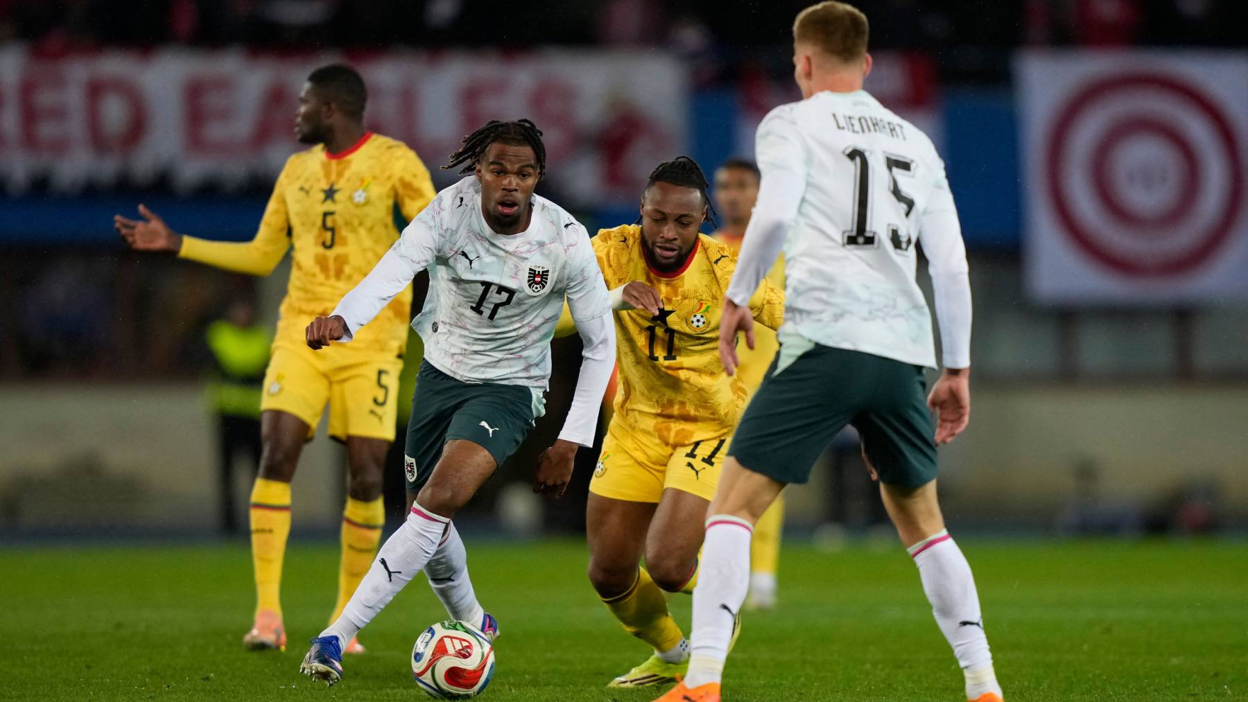 VIENNA, VIENNA - MARCH 27: Carney Chukwuemeka of Austria in a duel with Antoine Semenyo of Ghana during the international friendly match between Austria and Ghana at Ernst Happel Stadion on March 27, 2026 in Vienna, Austria.260327_SEPA_19_063 - 20260327_PD12521