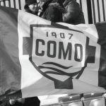 A Como flag is seen at Sinigallia Stadium during the Serie A match between Como 1907 and Atalanta BC in Como, Italy, on February 1, 2026, at Giuseppe Sinigallia Stadium (Photo by Mairo Cinquetti/NurPhoto).
