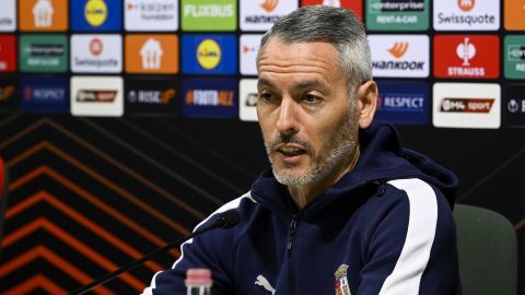 A spanyol Carlos Vicens vezetőedző az SC Braga labdarúgócsapatának sajtótájékoztatóján.