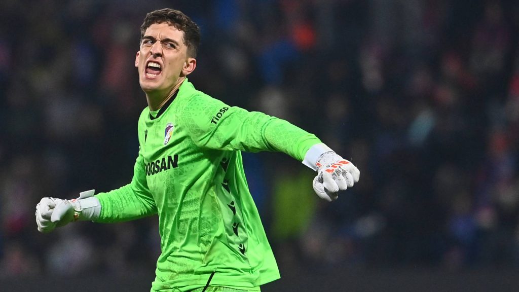 Viktoria Plzen's Austrian goalkeeper #44 Florian Wiegele celebrates after his team scores his first goal during the UEFA Europa League first round - day 7 football match between FC Viktoria Plzen and FC Porto in Plzen, Czech Republic on January 22, 2026.