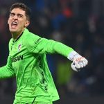 Viktoria Plzen's Austrian goalkeeper #44 Florian Wiegele celebrates after his team scores his first goal during the UEFA Europa League first round - day 7 football match between FC Viktoria Plzen and FC Porto in Plzen, Czech Republic on January 22, 2026.