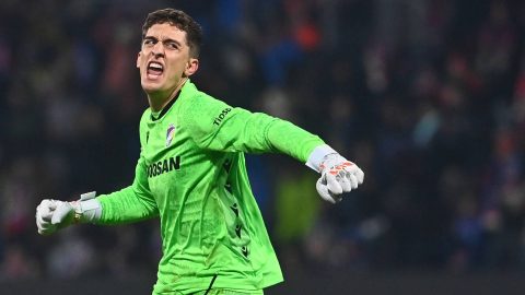Viktoria Plzen's Austrian goalkeeper #44 Florian Wiegele celebrates after his team scores his first goal during the UEFA Europa League first round - day 7 football match between FC Viktoria Plzen and FC Porto in Plzen, Czech Republic on January 22, 2026.