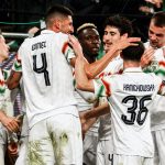 A Ferencváros játékosai ünnepelnek a Braga elleni mérkőzésen.