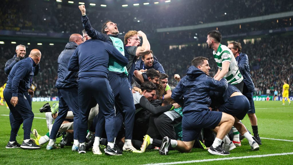 A Sporting játékosainak öröme, miután 5-0-ra verték a Bodö/Glimtet.