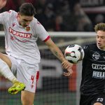 Budapest, 2026. március 5. Szabó Alex, a Honvéd (b) és Pető Milán, a DVTK játékosa a labdarúgó MOL Magyar Kupa negyeddöntőjében játszott Budapest Honvéd FC TC - Diósgyőri VTK mérkőzésen a Bozsik Arénában 2026. március 5-én. MTI/Szigetváry Zsolt