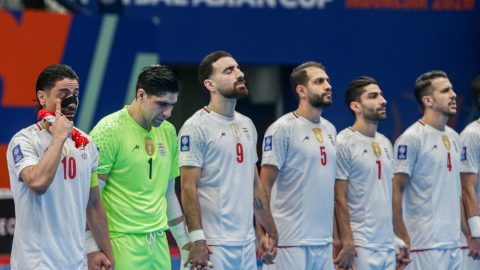 Players of Iran sing the national anthem during the final match between Indonesia and Iran at the AFC Futsal Asian Cup 2026 in Jakarta, Indonesia, on February 7, 2026. (Photo by Claudio Pramana/NurPhoto)