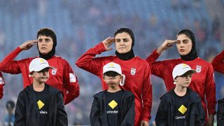 GOLD COAST, AUSTRALIA - MARCH 08: Islamic Republic of Iran sing the national anthem during the AFC Women's Asian Cup Australia 2026 match between Islamic Republic of Iran and Philippines at Gold Coast Stadium on March 08, 2026 in Gold Coast, Australia. (Photo by Albert Perez/Getty Images)