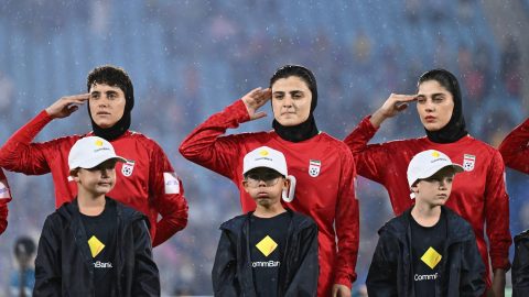 GOLD COAST, AUSTRALIA - MARCH 08: Islamic Republic of Iran sing the national anthem during the AFC Women's Asian Cup Australia 2026 match between Islamic Republic of Iran and Philippines at Gold Coast Stadium on March 08, 2026 in Gold Coast, Australia. (Photo by Albert Perez/Getty Images)