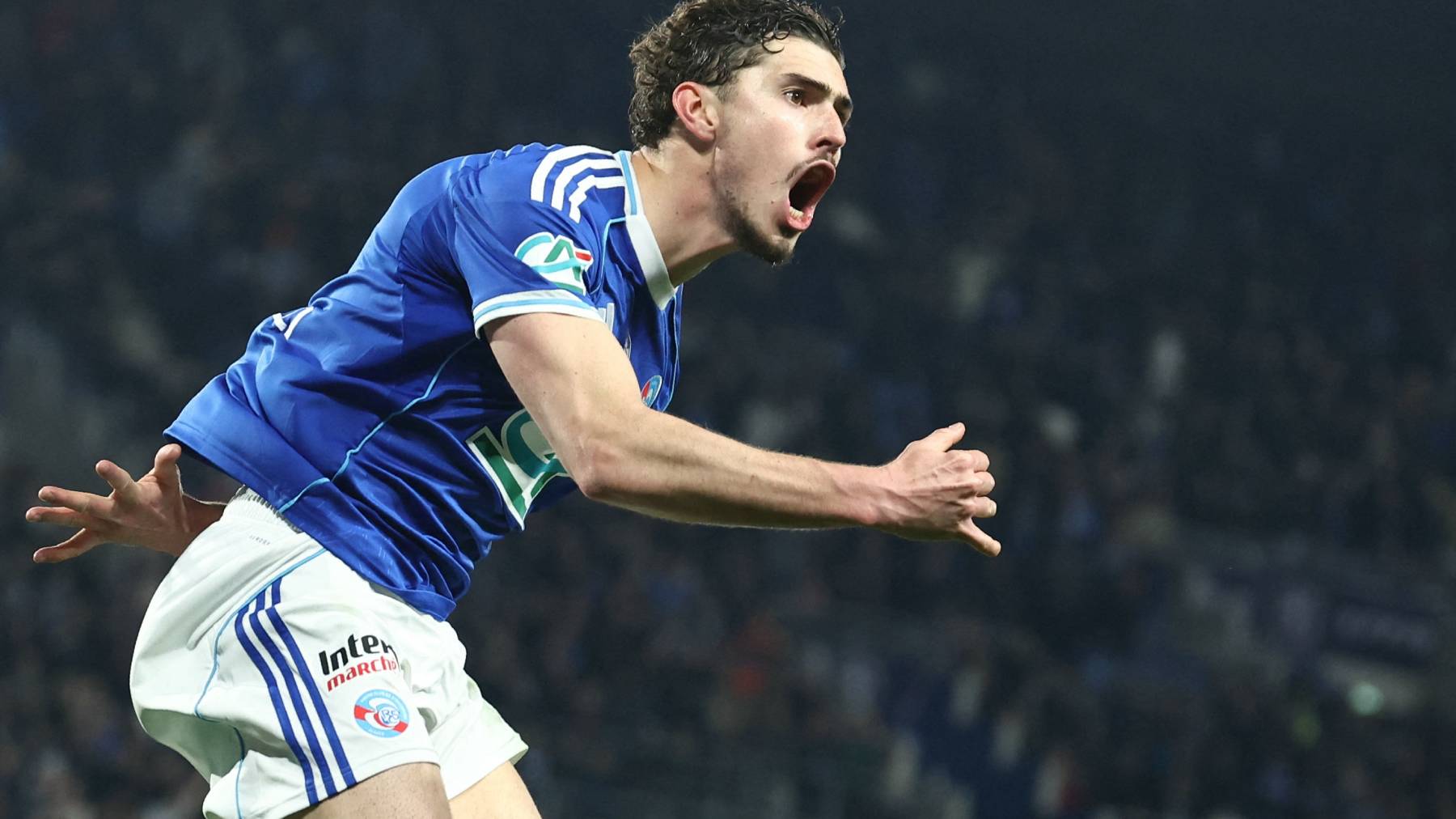 Strasbourg’s Argentine forward #09 Joaquin Panichelli celebrates scoring his team's first goal during the French Cup quarter final football match between RC Strasbourg Alsace and Stade de Reims at the Stade de la Meinau in Strasbourg, eastern France, on March 3, 2026. Striker Joaquín Panichelli, who plays for Racing Strasbourg in France, suffered a serious injury during training with the Argentina national team on March 26, 2026 and will be sidelined for several months, meaning he will miss the upcoming World Cup.