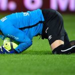 Caen's French goalkeeper Remy Vercoutre stops the ball during the French L1 football match between Metz (FCM) and Caen (SMC) on April 21, 2018 at Saint Symphonise stadium in Longeville-Les-Metz, eastern France.