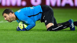 Caen's French goalkeeper Remy Vercoutre stops the ball during the French L1 football match between Metz (FCM) and Caen (SMC) on April 21, 2018 at Saint Symphonise stadium in Longeville-Les-Metz, eastern France.