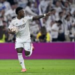 MADRID, SPAIN - MARCH 22: Vinicius Junior of Real Madrid celebrates after a goal during La Liga week 29 football match between Real Madrid and Atletico Madrid at Bernabeu Stadium in Madrid, Spain on March 22, 2026. Burak Akbulut / Anadolu