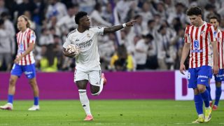 MADRID, SPAIN - MARCH 22: Vinicius Junior of Real Madrid celebrates after a goal during La Liga week 29 football match between Real Madrid and Atletico Madrid at Bernabeu Stadium in Madrid, Spain on March 22, 2026. Burak Akbulut / Anadolu