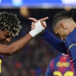 Barcelona's Brazilian forward #11 Raphinha celebrates scoring his team's seventh goal with Barcelona's Spanish forward #10 Lamine Yamal (L) during the UEFA Champions League last 16 second leg football match between FC Barcelona and Newcastle United at the Camp Nou stadium in Barcelona, on March 18, 2026.